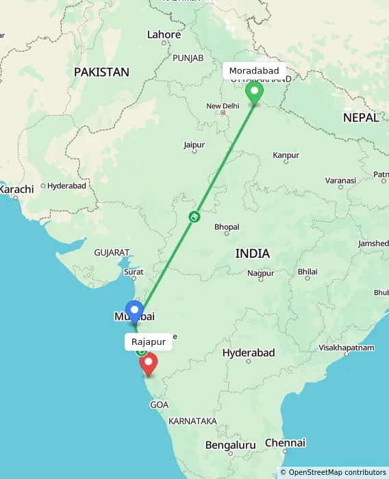 Route map showing distance and travel time from Moradabad, India to Rajapur, India