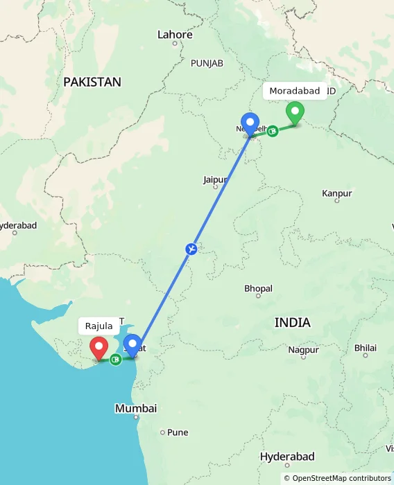 Route map showing distance and travel time from Moradabad, India to Rajula, India