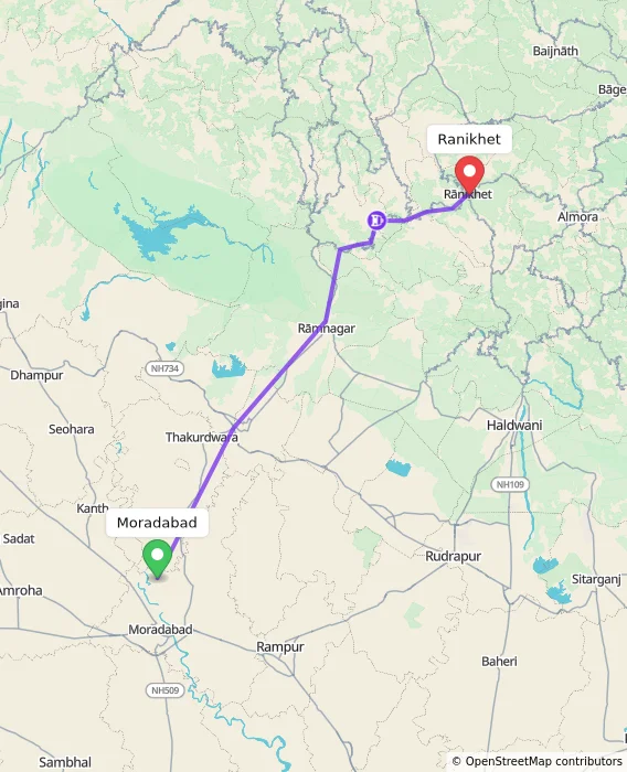 Route map showing distance and travel time from Moradabad, India to Ranikhet, India