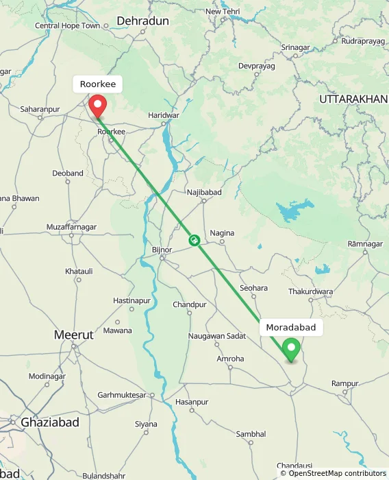 Route map showing distance and travel time from Moradabad, India to Roorkee, India