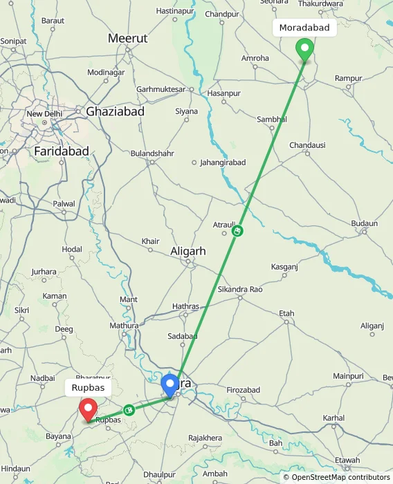 Route map showing distance and travel time from Moradabad, India to Rupbas, India