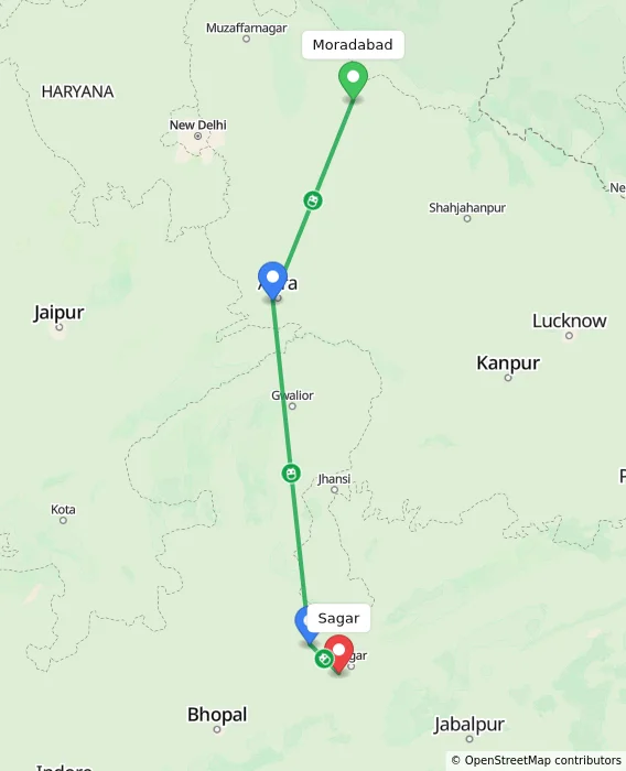 Route map showing distance and travel time from Moradabad, India to Sagar, India