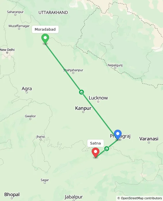 Route map showing distance and travel time from Moradabad, India to Satna, India