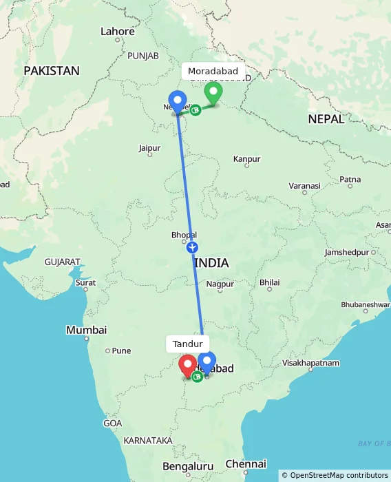 Route map showing distance and travel time from Moradabad, India to Tandur, India