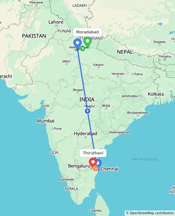 Route map showing distance and travel time from Moradabad, India to Thiruthani, India