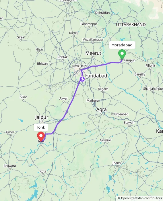 Route map showing distance and travel time from Moradabad, India to Tonk, India