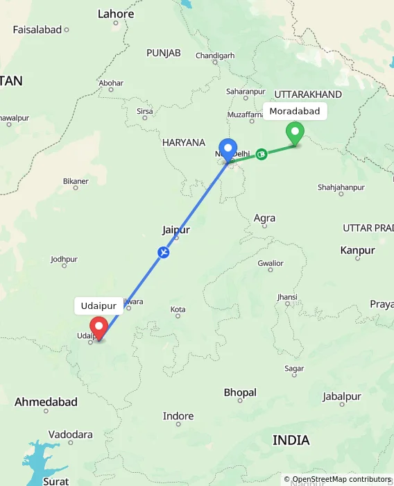 Route map showing distance and travel time from Moradabad, India to Udaipur, India