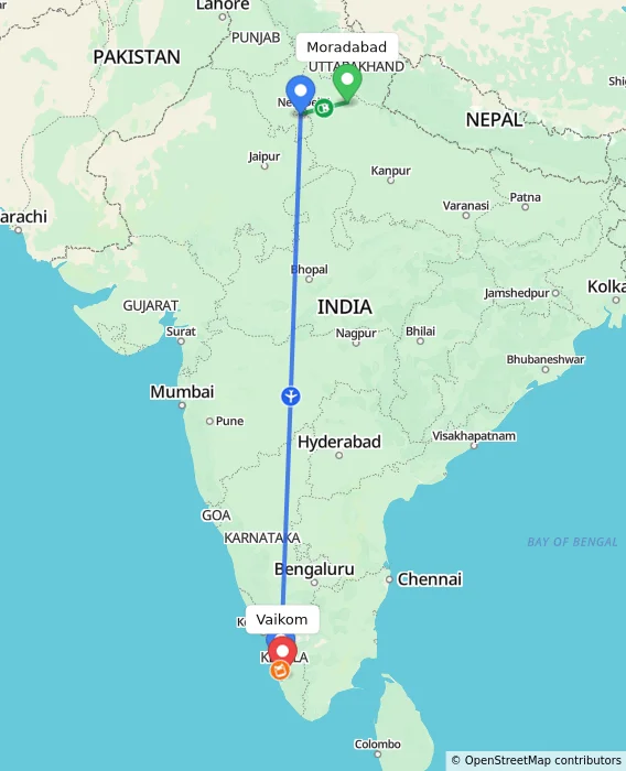 Route map showing distance and travel time from Moradabad, India to Vaikom, India