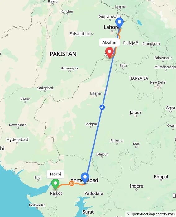 Route map showing distance and travel time from Morbi, India to Abohar, India