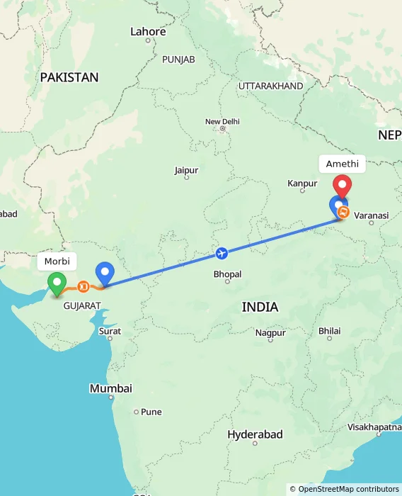 Route map showing distance and travel time from Morbi, India to Amethi, India