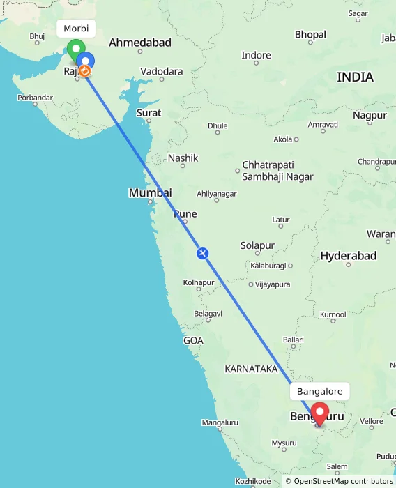 Route map showing distance and travel time from Morbi, India to Bangalore, India