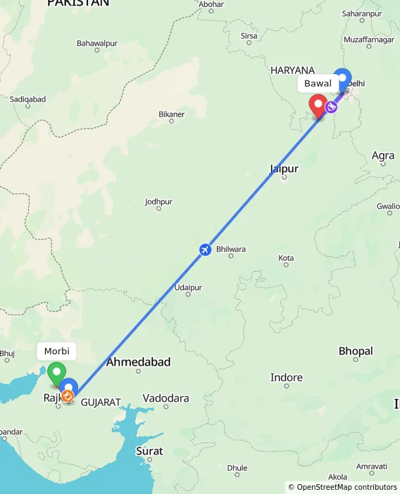 Route map showing distance and travel time from Morbi, India to Bawal, India