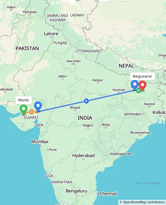 Route map showing distance and travel time from Morbi, India to Begusarai, India