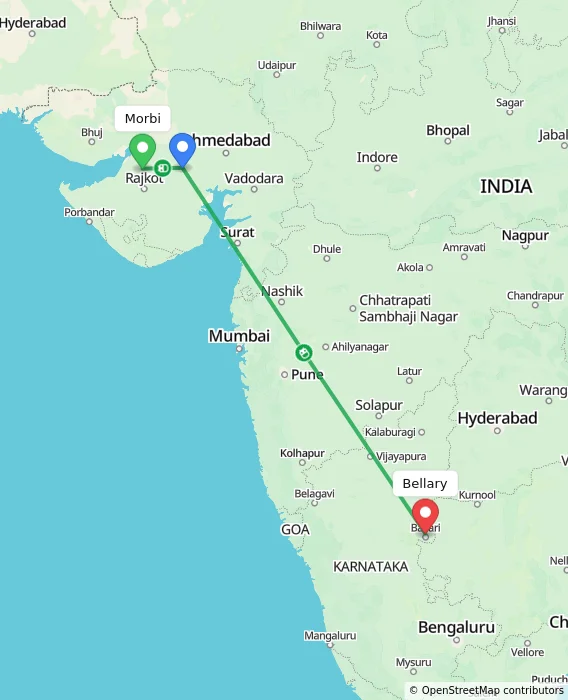 Route map showing distance and travel time from Morbi, India to Bellary, India