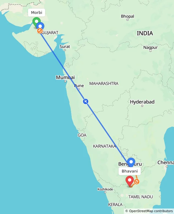Route map showing distance and travel time from Morbi, India to Bhavani, India