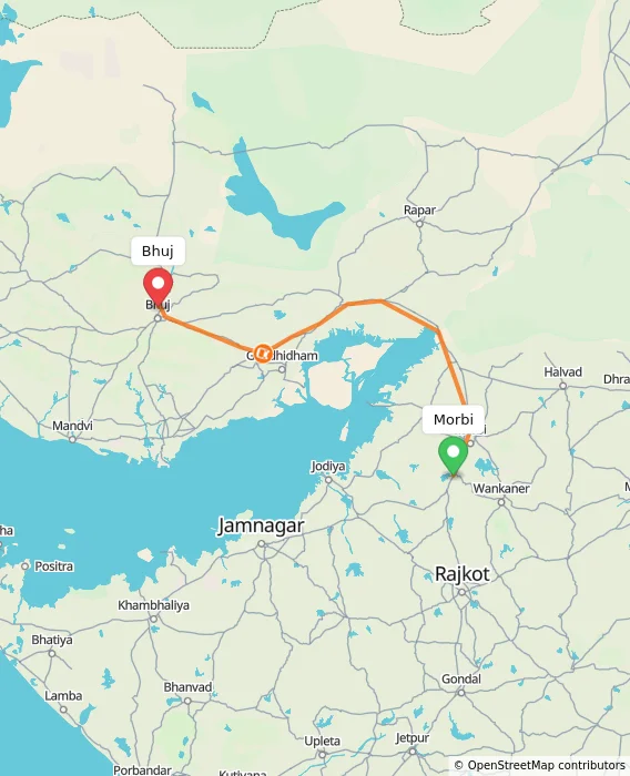 Route map showing distance and travel time from Morbi, India to Bhuj, India