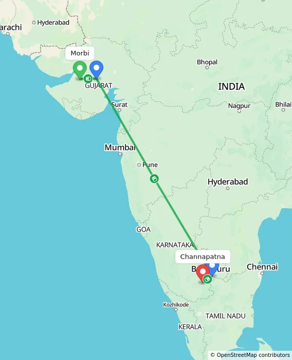 Route map showing distance and travel time from Morbi, India to Channapatna, India