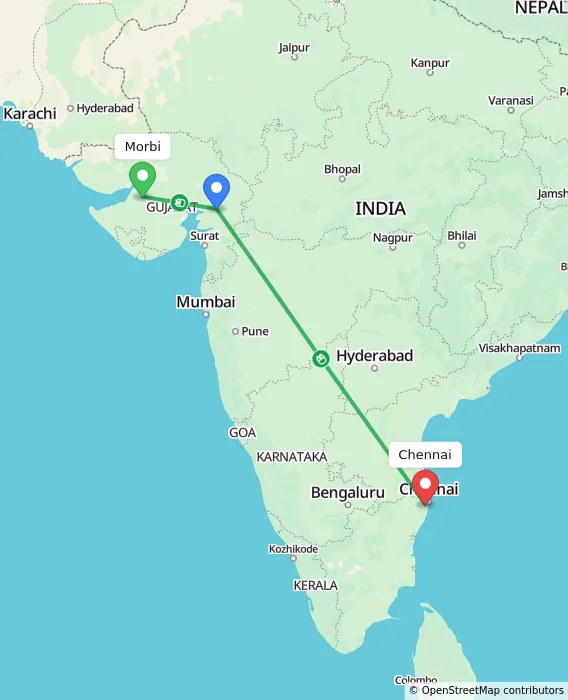 Route map showing distance and travel time from Morbi, India to Chennai, India