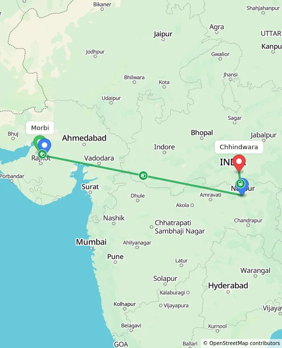 Route map showing distance and travel time from Morbi, India to Chhindwara, India