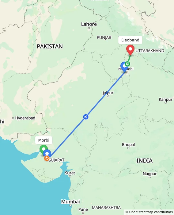 Route map showing distance and travel time from Morbi, India to Deoband, India