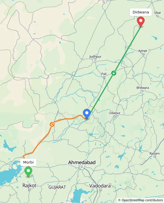 Route map showing distance and travel time from Morbi, India to Didwana, India