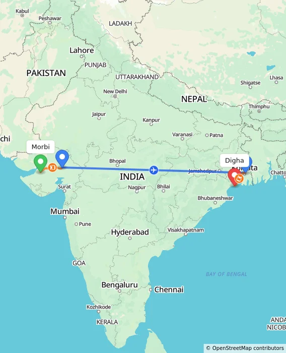 Route map showing distance and travel time from Morbi, India to Digha, India