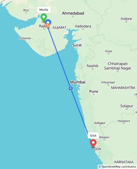 Route map showing distance and travel time from Morbi, India to Goa, India
