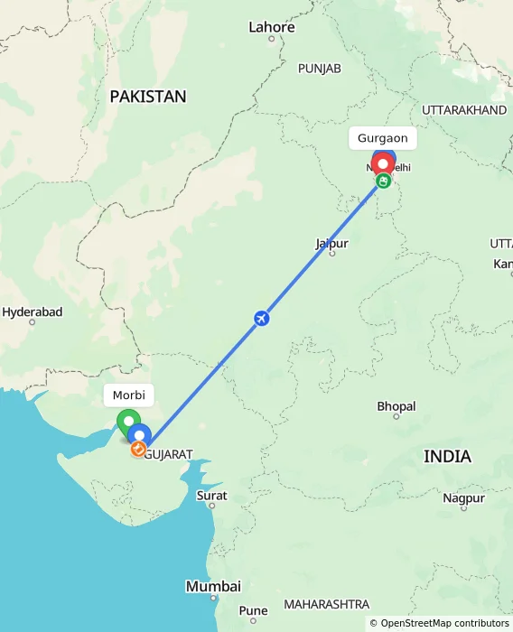 Route map showing distance and travel time from Morbi, India to Gurgaon, India