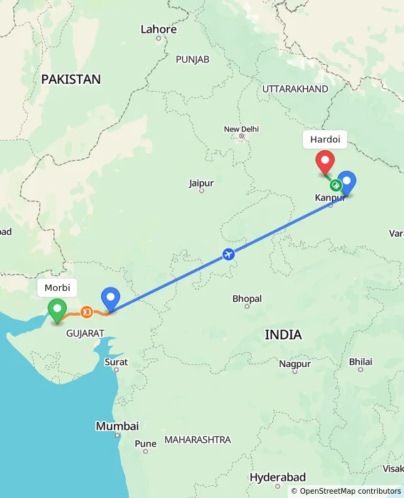 Route map showing distance and travel time from Morbi, India to Hardoi, India