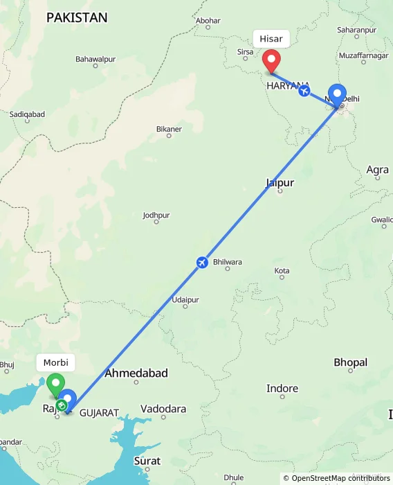 Route map showing distance and travel time from Morbi, India to Hisar, India