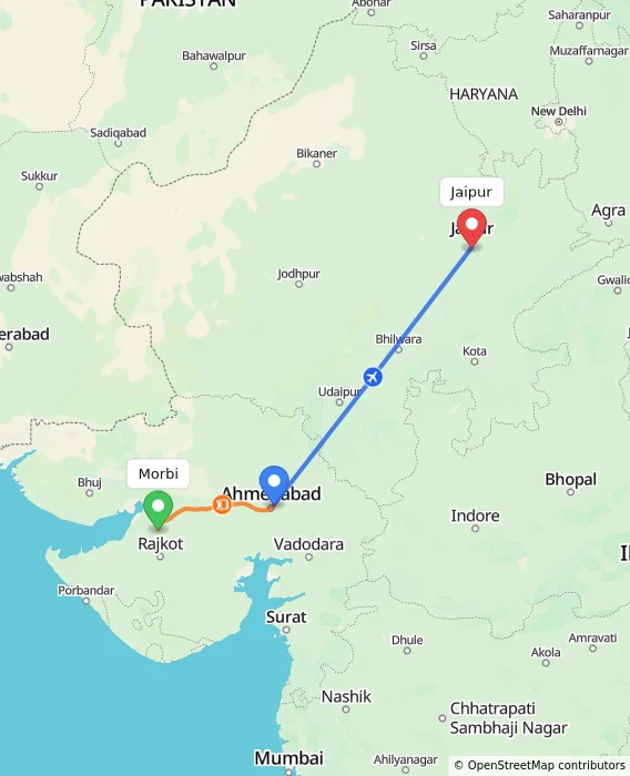 Route map showing distance and travel time from Morbi, India to Jaipur, India