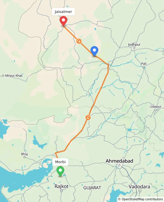 Route map showing distance and travel time from Morbi, India to Jaisalmer, India