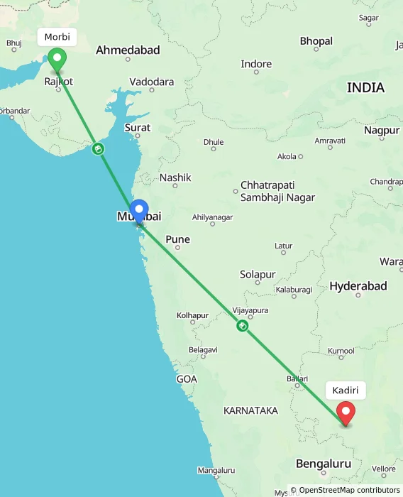 Route map showing distance and travel time from Morbi, India to Kadiri, India