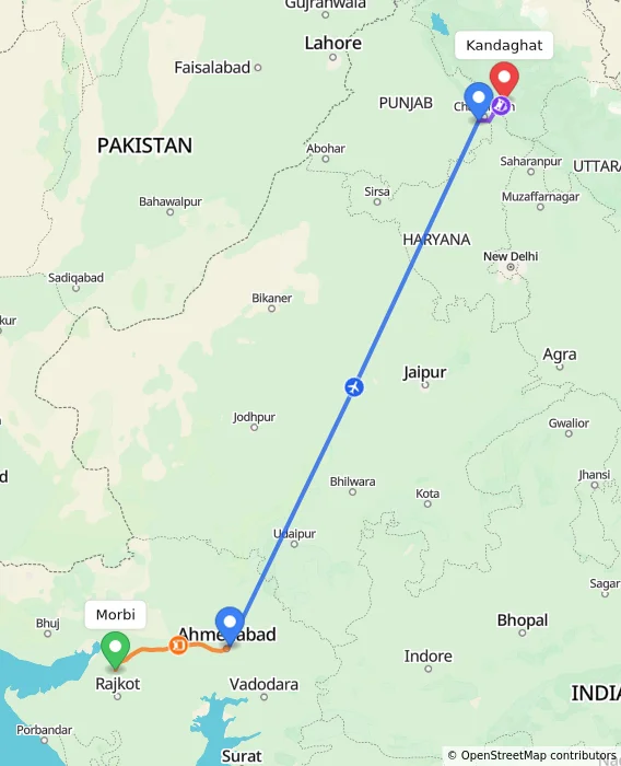 Route map showing distance and travel time from Morbi, India to Kandaghat, India