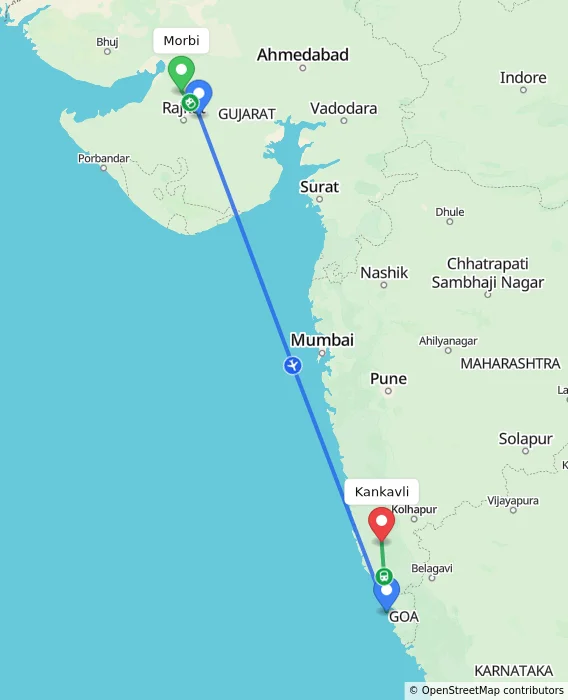 Route map showing distance and travel time from Morbi, India to Kankavli, India
