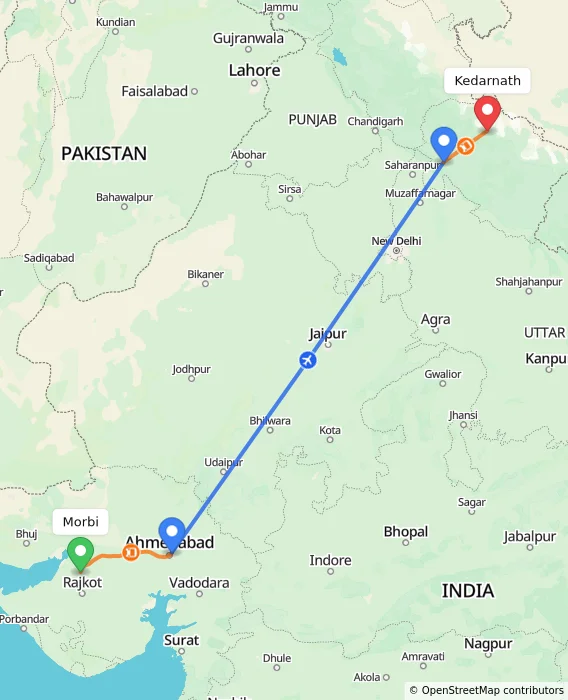 Route map showing distance and travel time from Morbi, India to Kedarnath, India