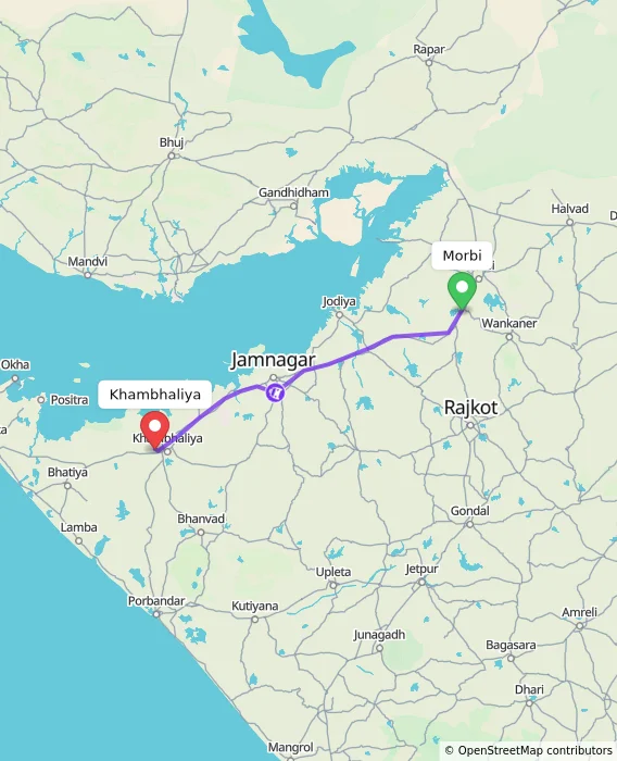 Route map showing distance and travel time from Morbi, India to Khambhaliya, India