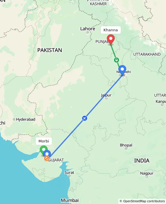 Route map showing distance and travel time from Morbi, India to Khanna, India