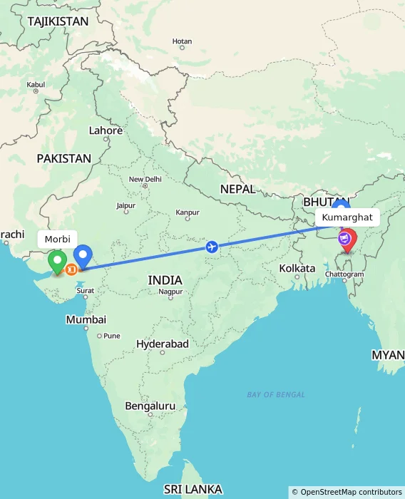 Route map showing distance and travel time from Morbi, India to Kumarghat, India