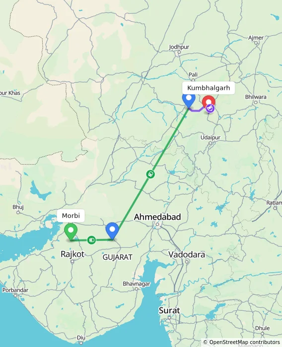 Route map showing distance and travel time from Morbi, India to Kumbhalgarh, India