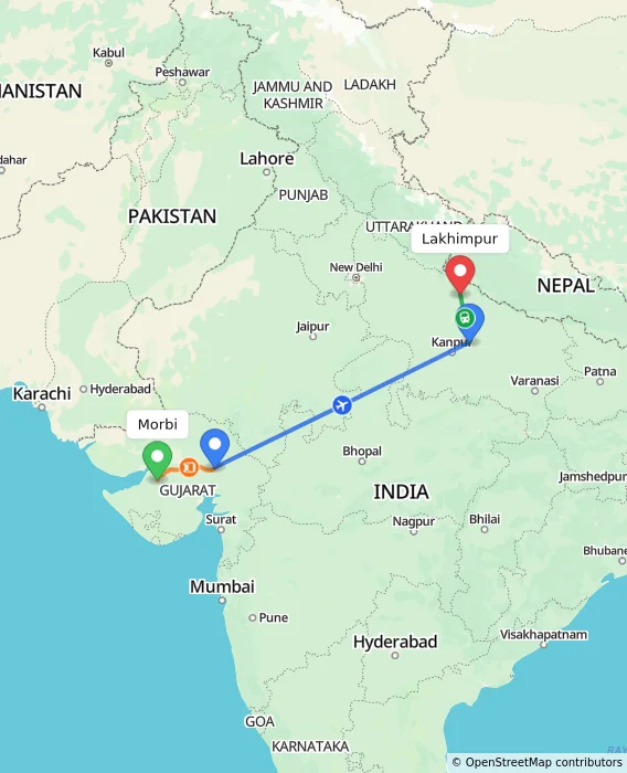 Route map showing distance and travel time from Morbi, India to Lakhimpur, India