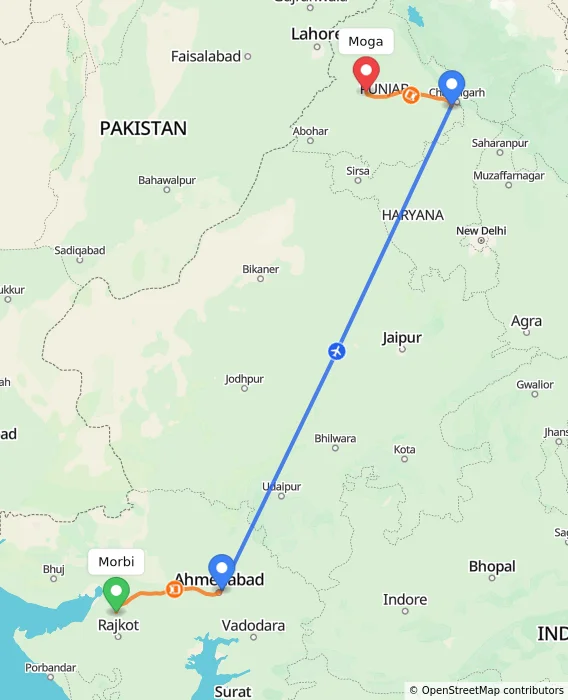 Route map showing distance and travel time from Morbi, India to Moga, India
