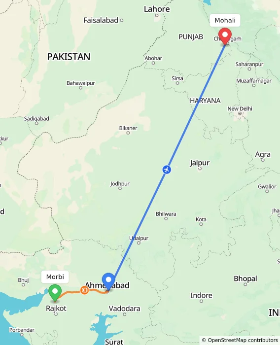 Route map showing distance and travel time from Morbi, India to Mohali, India