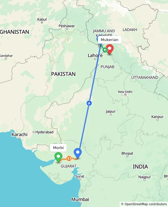 Route map showing distance and travel time from Morbi, India to Mukerian, India