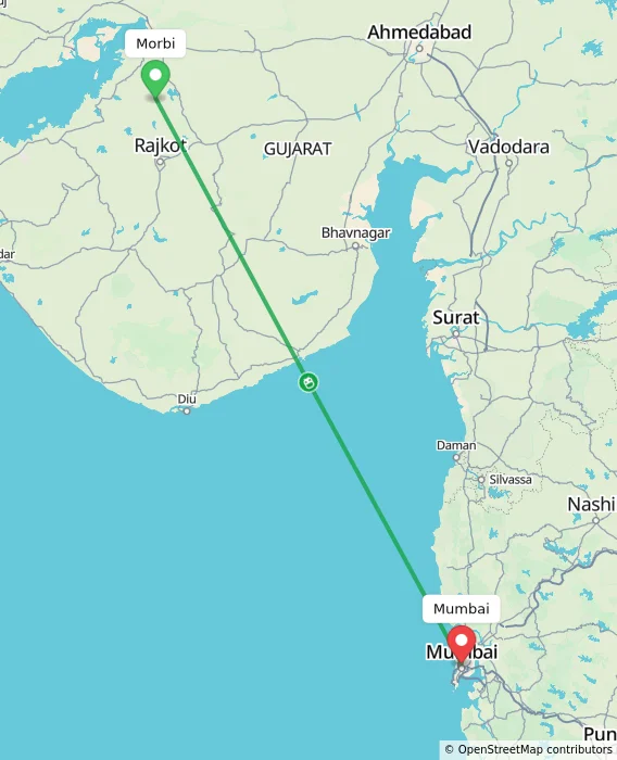 Route map showing distance and travel time from Morbi, India to Mumbai, India