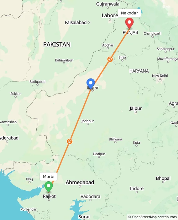 Route map showing distance and travel time from Morbi, India to Nakodar, India