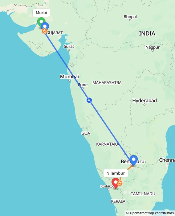 Route map showing distance and travel time from Morbi, India to Nilambur, India