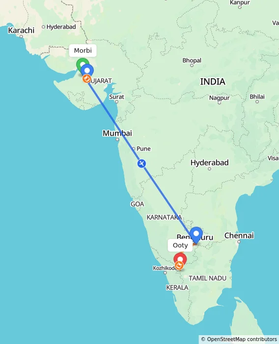 Route map showing distance and travel time from Morbi, India to Ooty, India