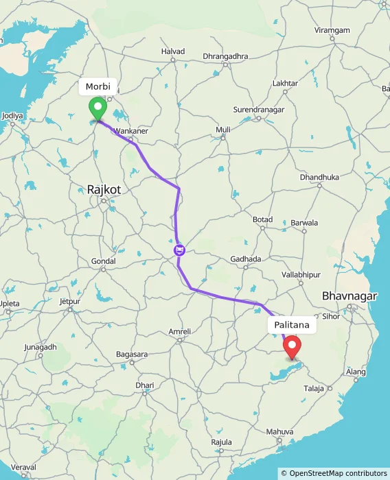 Route map showing distance and travel time from Morbi, India to Palitana, India