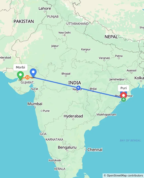 Route map showing distance and travel time from Morbi, India to Puri, India